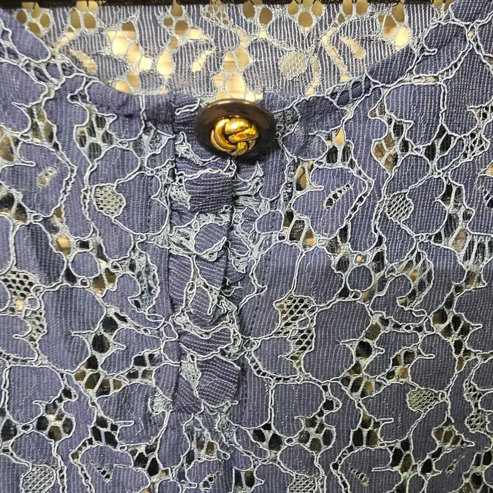 Petite Small Blue Floral Lace Top Eyelash Fringe Hem Crochet Blouse | Rafaella - Picture 3 of 6